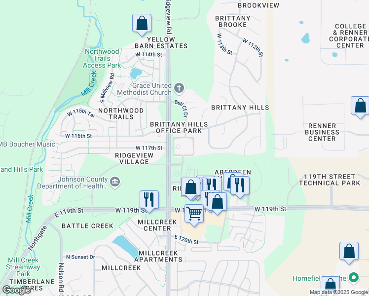 map of restaurants, bars, coffee shops, grocery stores, and more near 11691 South Ridgeview Road in Olathe