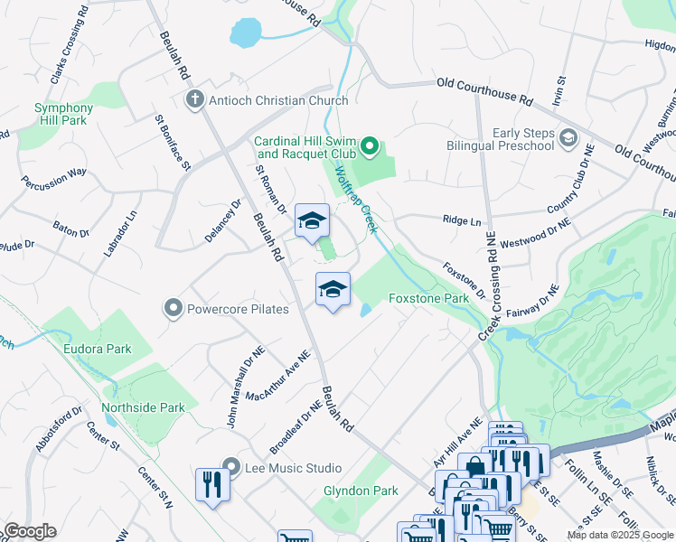 map of restaurants, bars, coffee shops, grocery stores, and more near 614 John Marshall Drive Northeast in Vienna