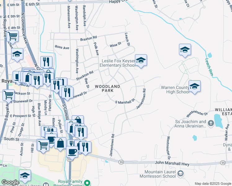 map of restaurants, bars, coffee shops, grocery stores, and more near 7 Woodlawn Avenue in Front Royal