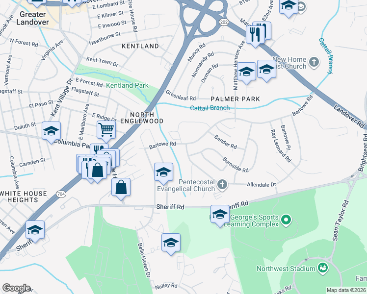 map of restaurants, bars, coffee shops, grocery stores, and more near 7501 Allendale Drive in Greater Landover
