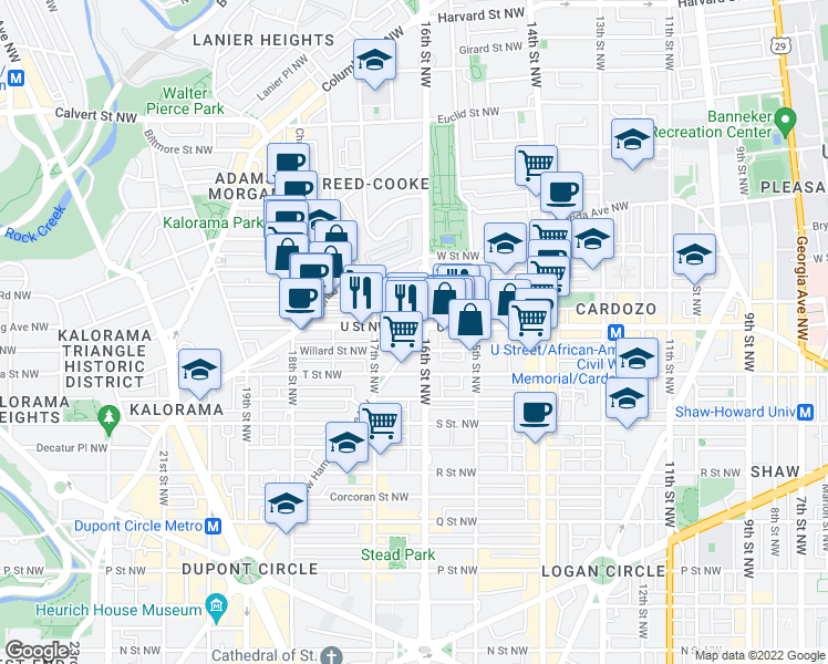 map of restaurants, bars, coffee shops, grocery stores, and more near 1624 U Street Northwest in Washington