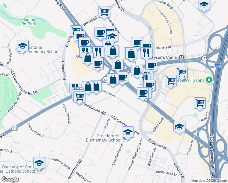 map of restaurants, bars, coffee shops, grocery stores, and more near 8300 Boone Boulevard in Vienna