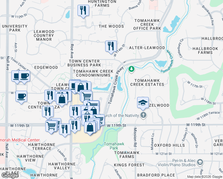 map of restaurants, bars, coffee shops, grocery stores, and more near 11627 Tomahawk Creek Parkway in Leawood