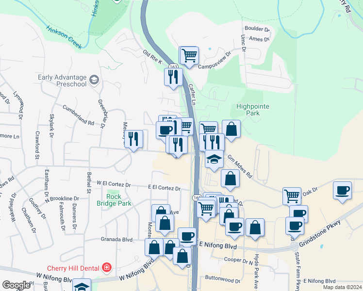 map of restaurants, bars, coffee shops, grocery stores, and more near 209 E Green Meadows Rd # C in Columbia