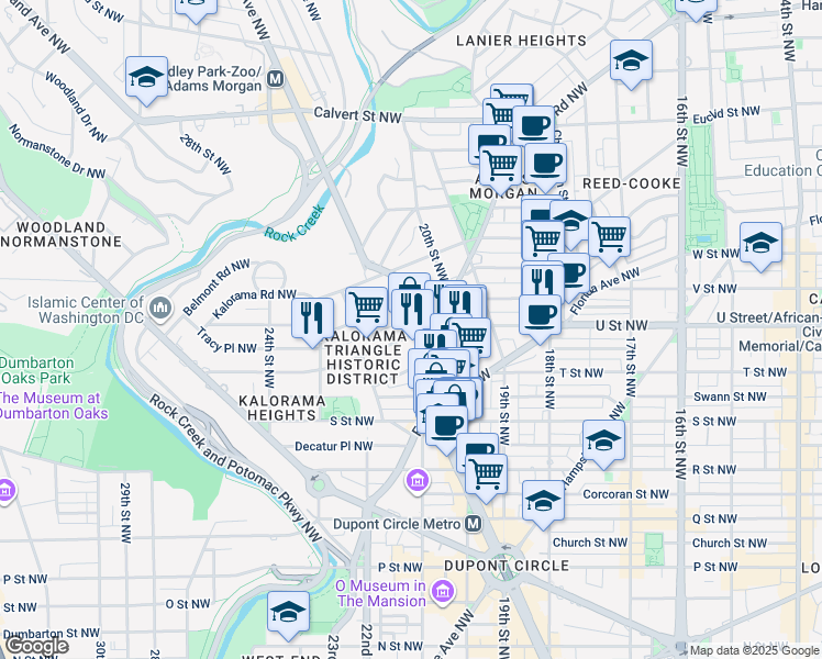 map of restaurants, bars, coffee shops, grocery stores, and more near 2000 Connecticut Avenue Northwest in Washington