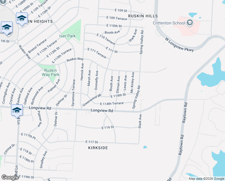 map of restaurants, bars, coffee shops, grocery stores, and more near 11317 Booth Avenue in Kansas City