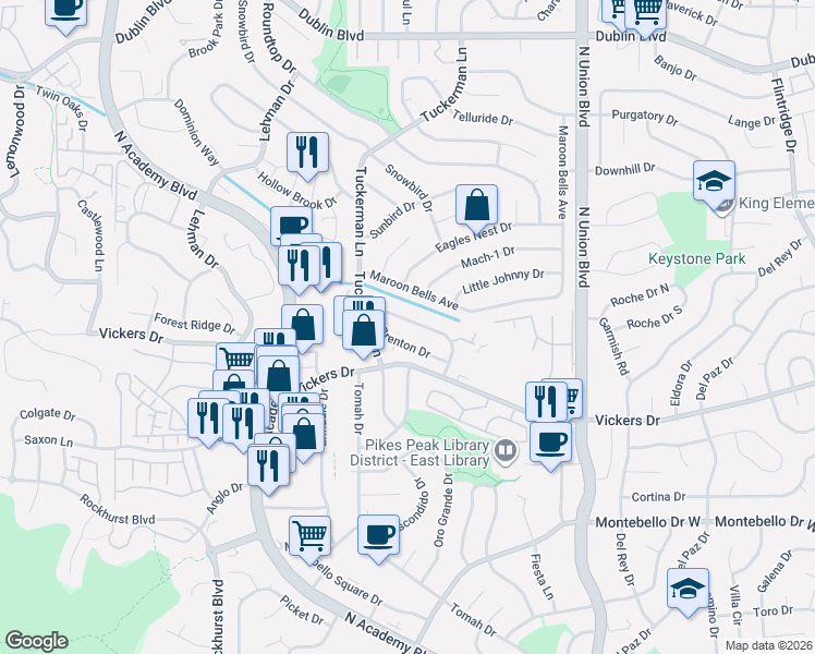 map of restaurants, bars, coffee shops, grocery stores, and more near 2470 Lyncrest Drive in Colorado Springs