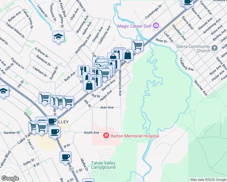 map of restaurants, bars, coffee shops, grocery stores, and more near 2241 Helen Avenue in South Lake Tahoe