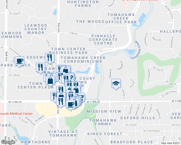 map of restaurants, bars, coffee shops, grocery stores, and more near 11608 Tomahawk Road in Overland Park