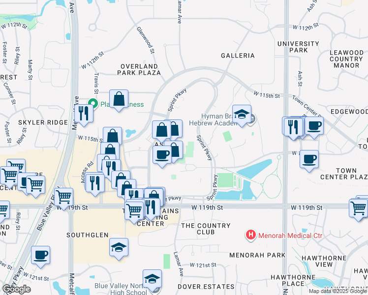 map of restaurants, bars, coffee shops, grocery stores, and more near 6180 Sprint Parkway in Overland Park