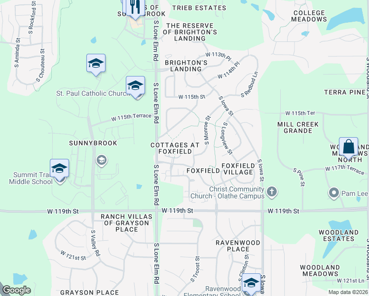 map of restaurants, bars, coffee shops, grocery stores, and more near 11638 South Marion Street in Olathe