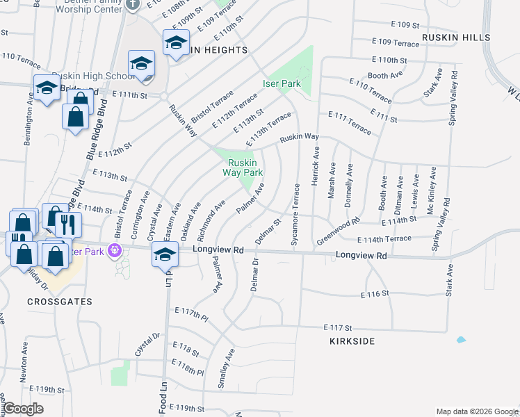 map of restaurants, bars, coffee shops, grocery stores, and more near 7805 East 114th Street in Kansas City