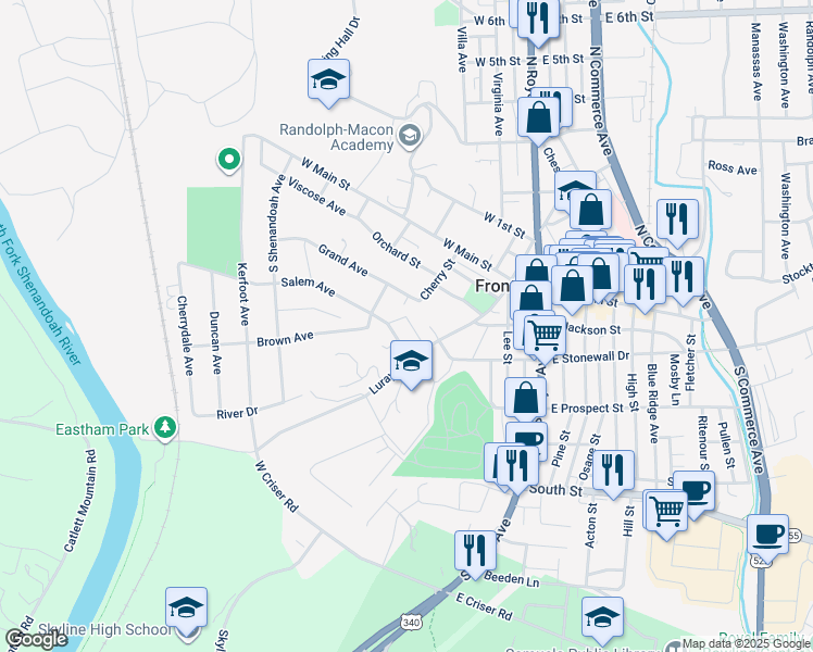 map of restaurants, bars, coffee shops, grocery stores, and more near 324 Oakridge Court in Front Royal