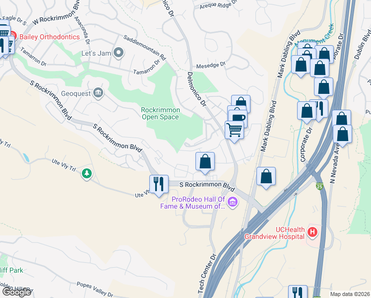map of restaurants, bars, coffee shops, grocery stores, and more near 220 Eagle Summit Point in Colorado Springs