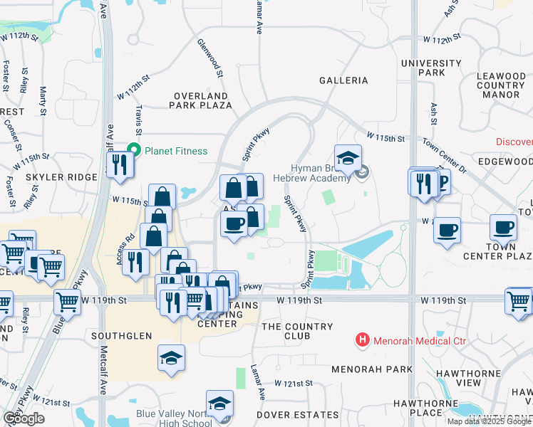map of restaurants, bars, coffee shops, grocery stores, and more near 6180 Sprint Parkway in Overland Park