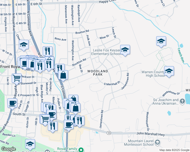map of restaurants, bars, coffee shops, grocery stores, and more near 19 South Marshall Street in Front Royal