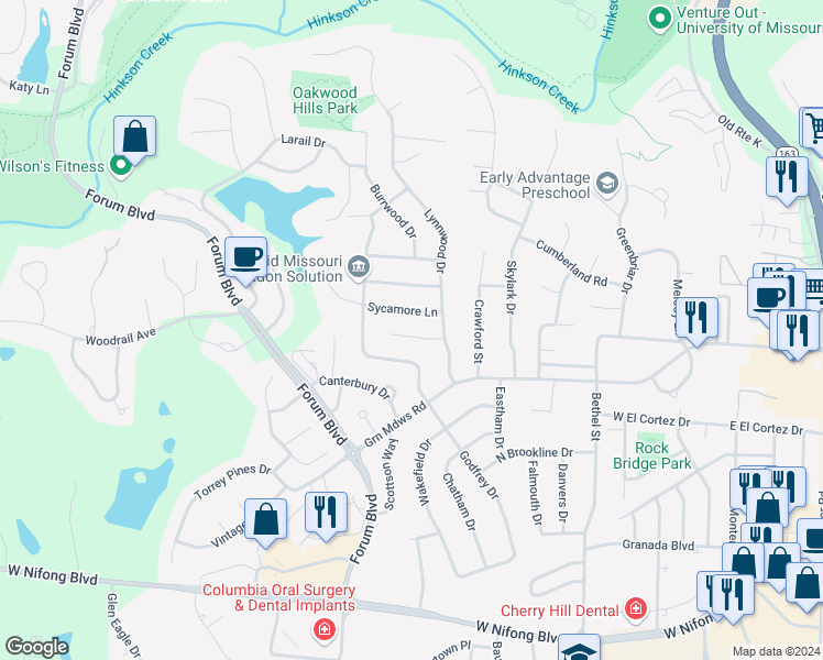 map of restaurants, bars, coffee shops, grocery stores, and more near 809 Cypress Lane in Columbia