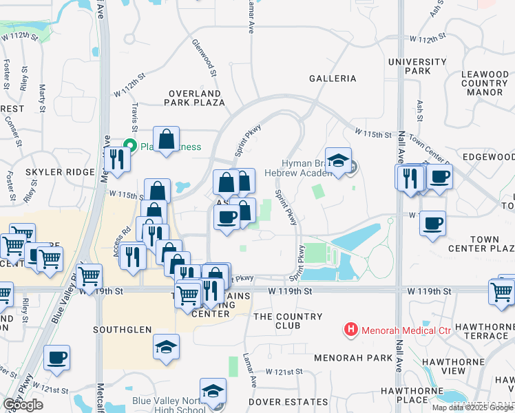 map of restaurants, bars, coffee shops, grocery stores, and more near 6180 Sprint Parkway in Overland Park