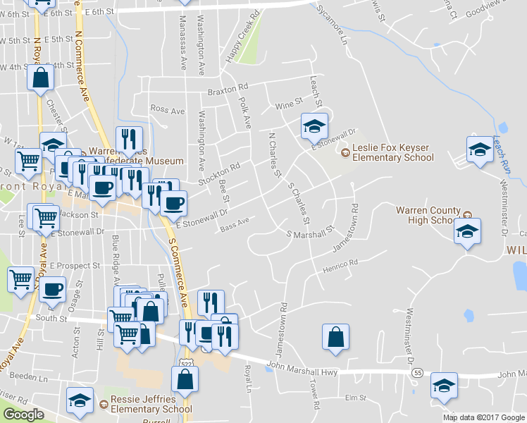 map of restaurants, bars, coffee shops, grocery stores, and more near 19 South Marshall Street in Front Royal