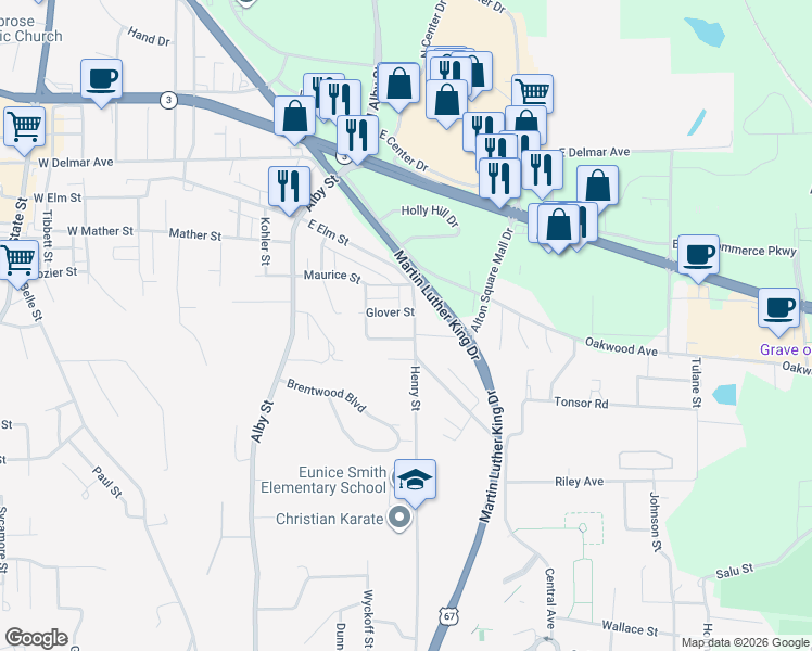 map of restaurants, bars, coffee shops, grocery stores, and more near 117 East Elm Street in Alton
