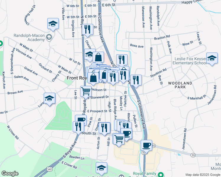 map of restaurants, bars, coffee shops, grocery stores, and more near 303 East Main Street in Front Royal