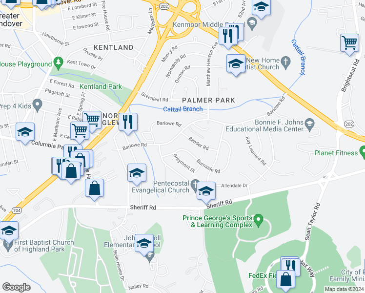 map of restaurants, bars, coffee shops, grocery stores, and more near 7714 Burnside Road in Hyattsville