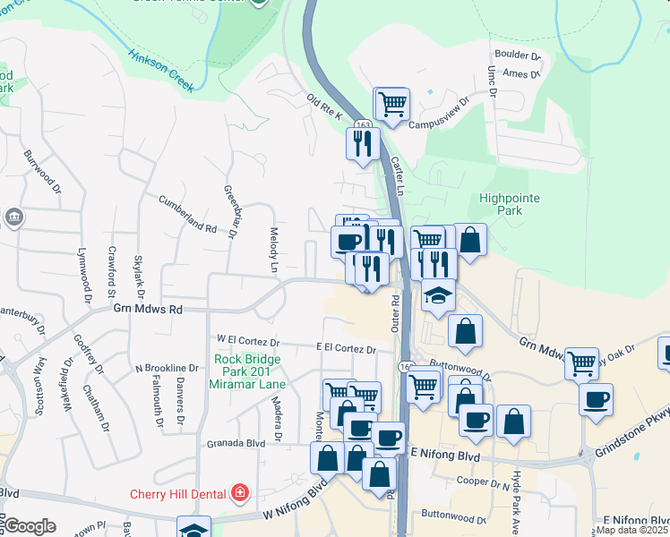 map of restaurants, bars, coffee shops, grocery stores, and more near 101 East Green Meadows Road in Columbia