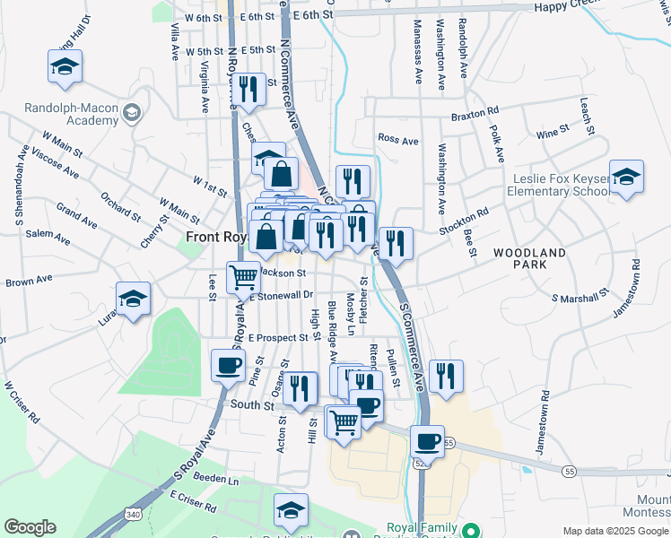 map of restaurants, bars, coffee shops, grocery stores, and more near 10 Blue Ridge Avenue in Front Royal