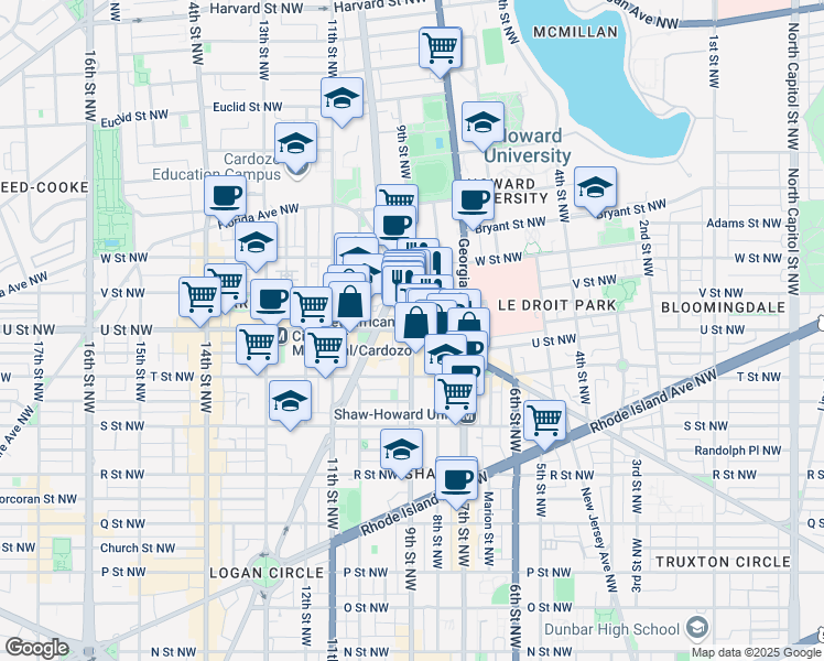 map of restaurants, bars, coffee shops, grocery stores, and more near Florida Avenue Northwest in Washington