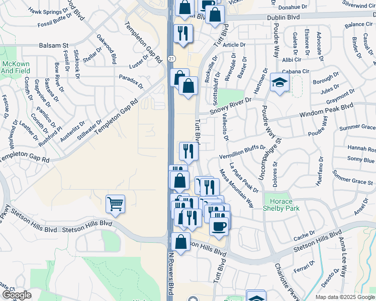 map of restaurants, bars, coffee shops, grocery stores, and more near 5924 Tutt Boulevard in Colorado Springs