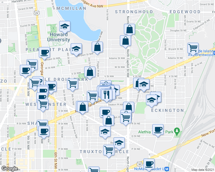 map of restaurants, bars, coffee shops, grocery stores, and more near 1st Street Northwest & U Street Northwest in Washington