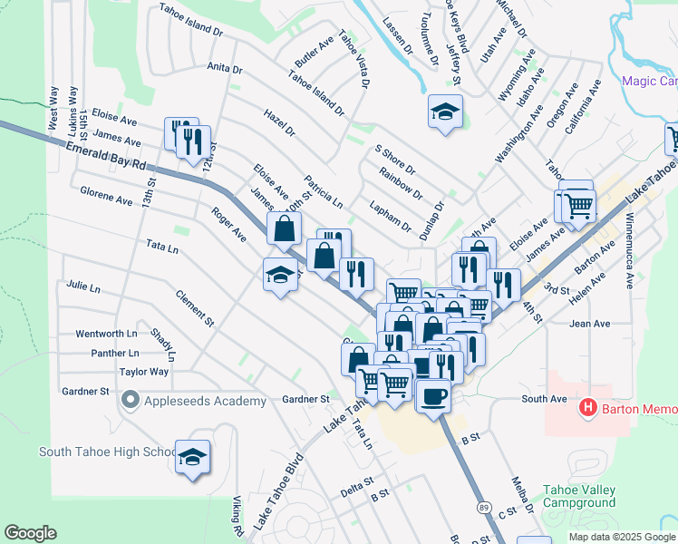 map of restaurants, bars, coffee shops, grocery stores, and more near 2013 7th Street in South Lake Tahoe