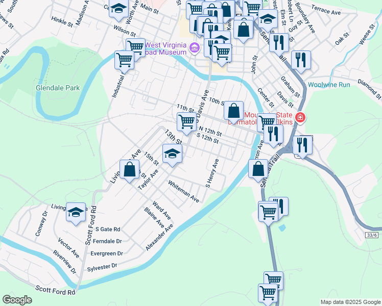 map of restaurants, bars, coffee shops, grocery stores, and more near 1210 South Davis Avenue in Elkins