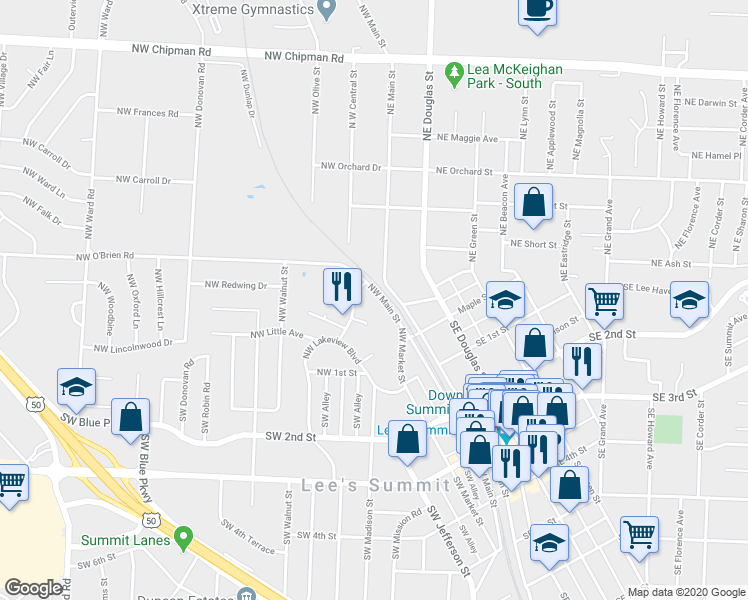 map of restaurants, bars, coffee shops, grocery stores, and more near 207 Northeast Main Street in Lee's Summit
