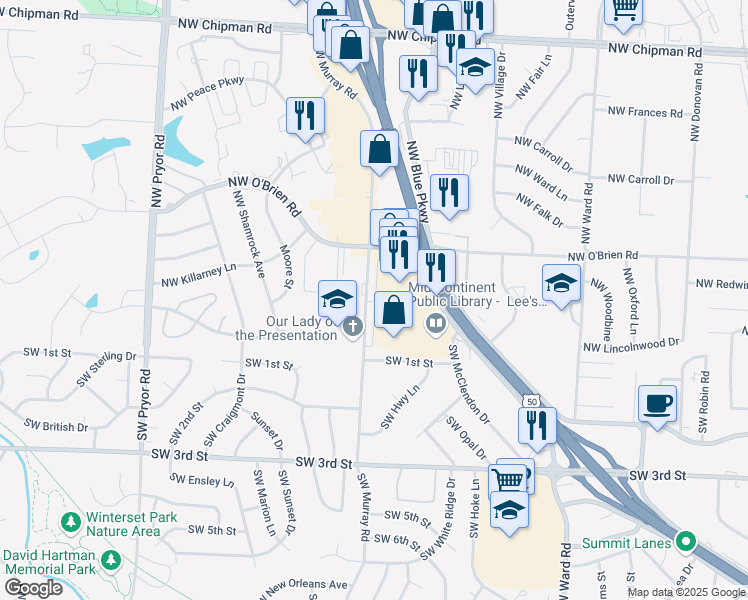 map of restaurants, bars, coffee shops, grocery stores, and more near 100 Northwest Murray Road in Lee's Summit