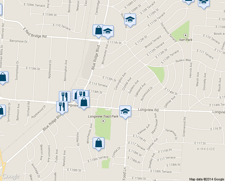 map of restaurants, bars, coffee shops, grocery stores, and more near 11305 Bristol Terrace in Kansas City