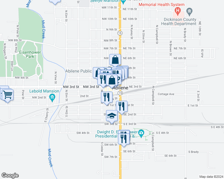 map of restaurants, bars, coffee shops, grocery stores, and more near 110 Northwest 3rd Street in Abilene