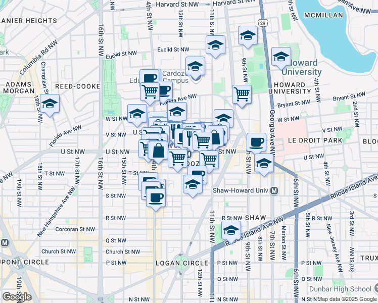 map of restaurants, bars, coffee shops, grocery stores, and more near 1215 U Street Northwest in Washington