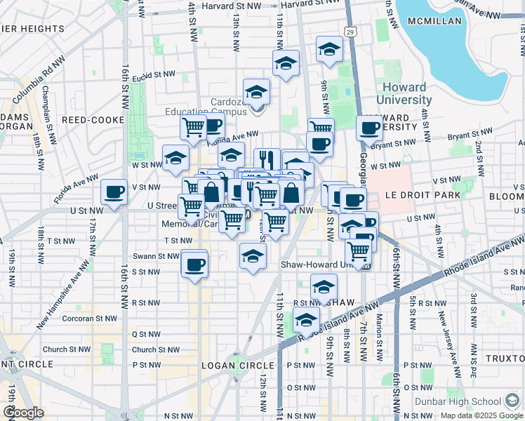 map of restaurants, bars, coffee shops, grocery stores, and more near 12th St NW & U St NW in Washington