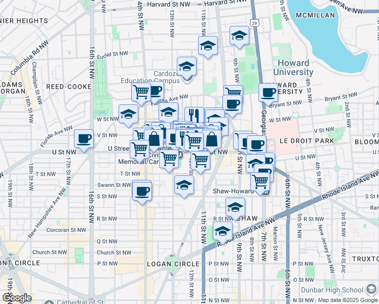 map of restaurants, bars, coffee shops, grocery stores, and more near 2001 12th Street Northwest in Washington