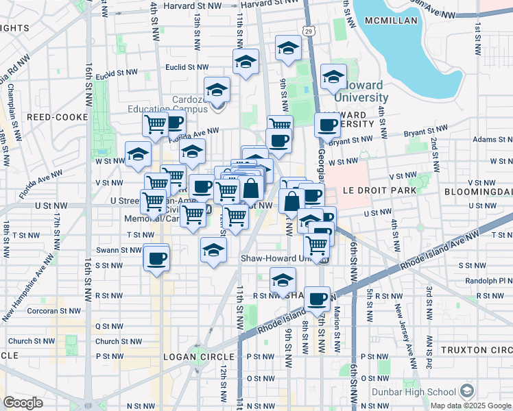 map of restaurants, bars, coffee shops, grocery stores, and more near 10th St NW & U St NW in Washington