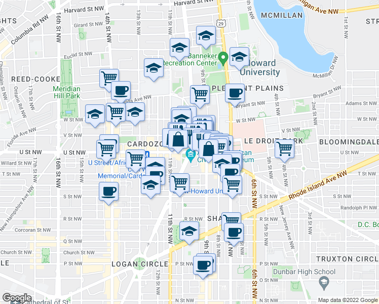 map of restaurants, bars, coffee shops, grocery stores, and more near Vermont Avenue Northwest & U Street Northwest in Washington