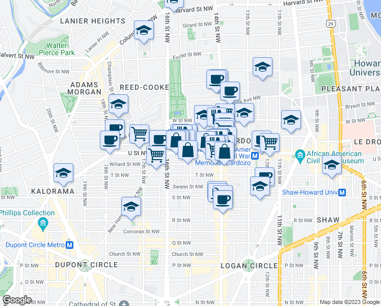 map of restaurants, bars, coffee shops, grocery stores, and more near 15th Street Northwest & U Street Northwest in Washington