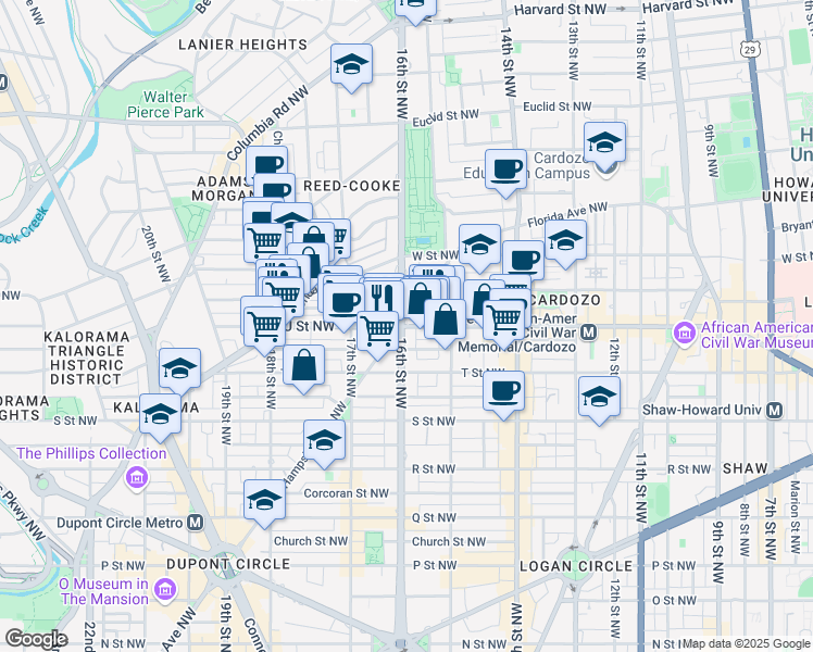 map of restaurants, bars, coffee shops, grocery stores, and more near 2001 16th Street Northwest in Washington