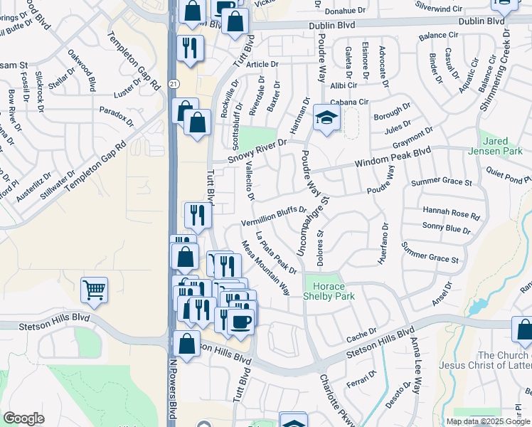 map of restaurants, bars, coffee shops, grocery stores, and more near 5742 Vermillion Bluffs Drive in Colorado Springs