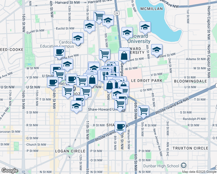 map of restaurants, bars, coffee shops, grocery stores, and more near Florida Avenue Northwest in Washington