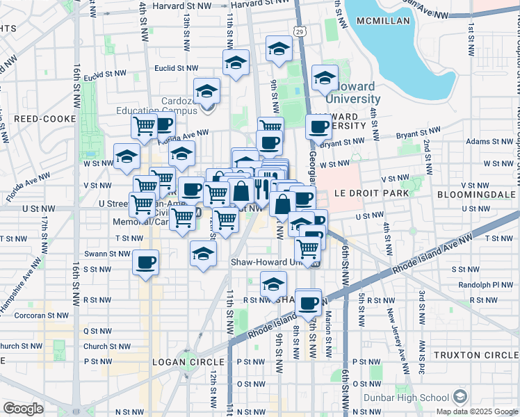 map of restaurants, bars, coffee shops, grocery stores, and more near U Street Northwest in Washington