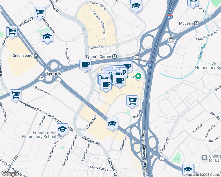 map of restaurants, bars, coffee shops, grocery stores, and more near 1961 Chain Bridge Road in Tysons