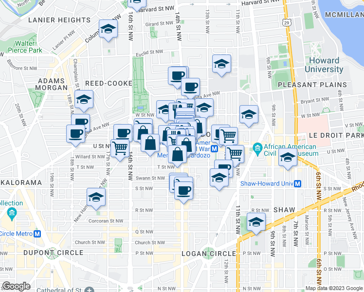 map of restaurants, bars, coffee shops, grocery stores, and more near 14th St NW & U St NW in Washington