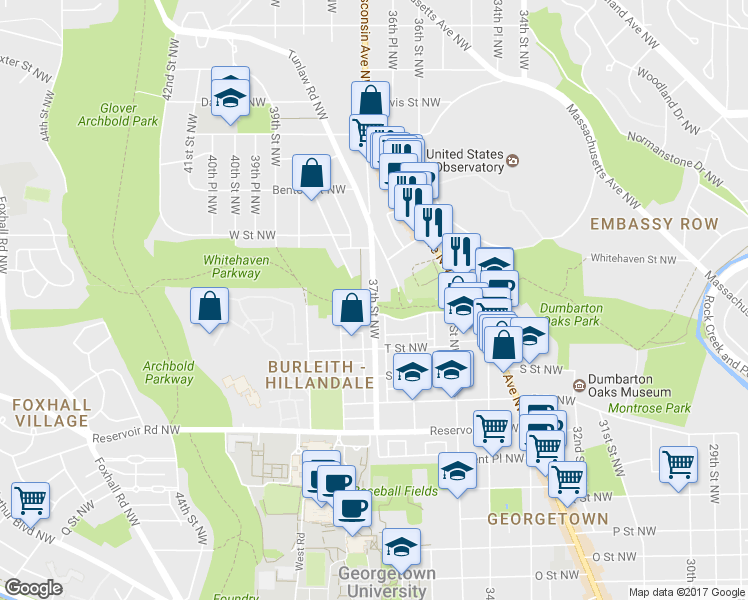 map of restaurants, bars, coffee shops, grocery stores, and more near 37th Street Northwest & U Street Northwest in Washington